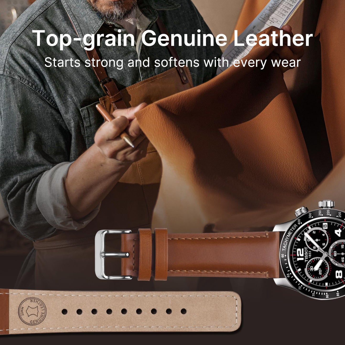 Fullmosa 18mm 20mm 22mm 24mm Leather Watch Bands, 2 Pack Soft Quick Release Watch Strap Compatible with Garmin Vivoactive 5/6/4/3, Venu 4/3S/2S, Samsung Galaxy Fossil Amazfit for Men Women,22mm Toffee Brown&Silver/Black&Black
