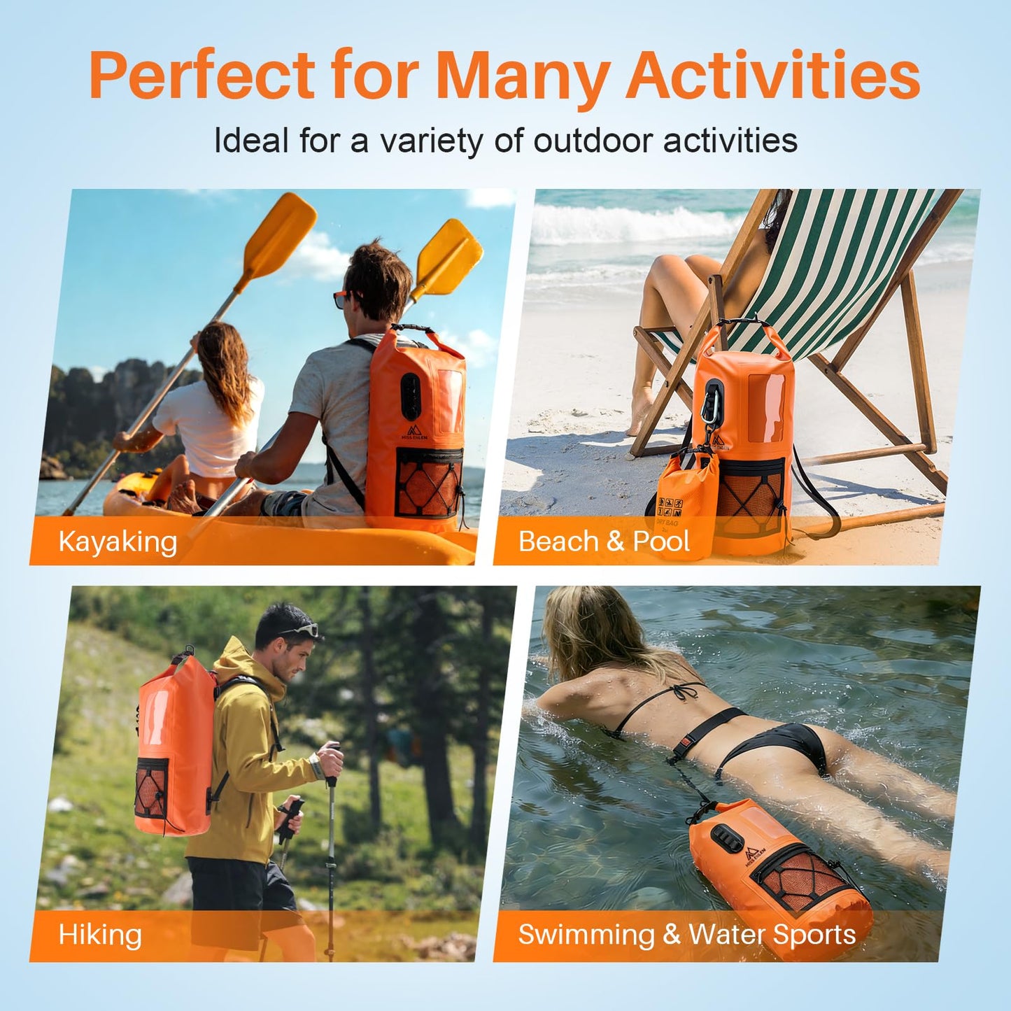 MISS ENLEN Waterproof Dry Bag 500D PVC Roll Top Dry Sack with 3 Carrying Ways, Lightweight Waterproof Bag for Kayaking, Swimming, Boating, Paddle Boarding, Hiking, Beachg (Orange, 27L)