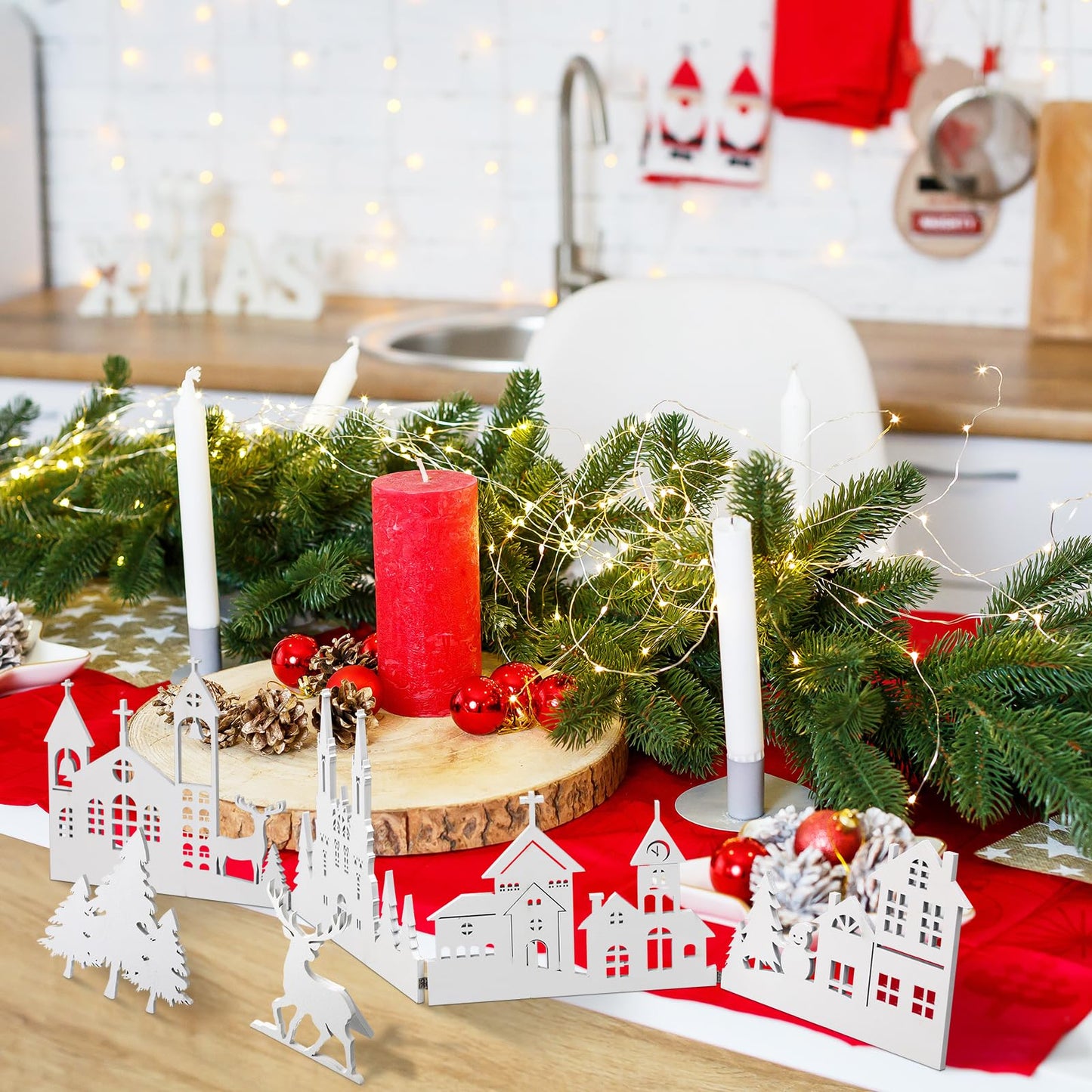 Colingmill 32 Inch Christmas Tabletop Decoration Wooden Christmas Themed White Church Xmas Tree and Elk Signs Farmhouse Centerpiece Decor for Home Kitchen Table Shelf Decor