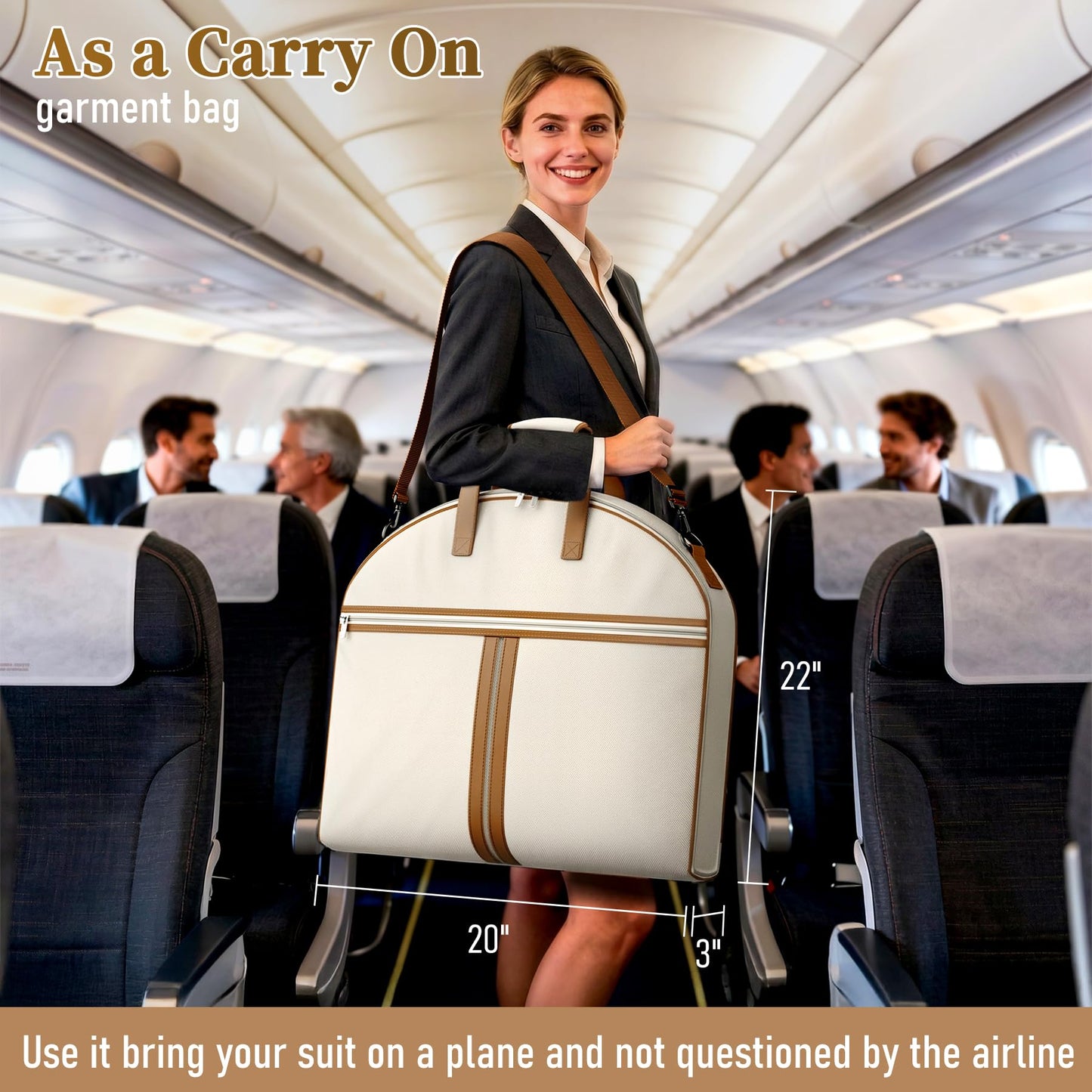 MISSLO Carry on Garment Bags for Travel for Women 56" Foldable Dress Bag with Large Pockets Bag Suit Luggage Garment Bag with Shoulder Strap for Business, Wedding, Hanging Clothes, Beige