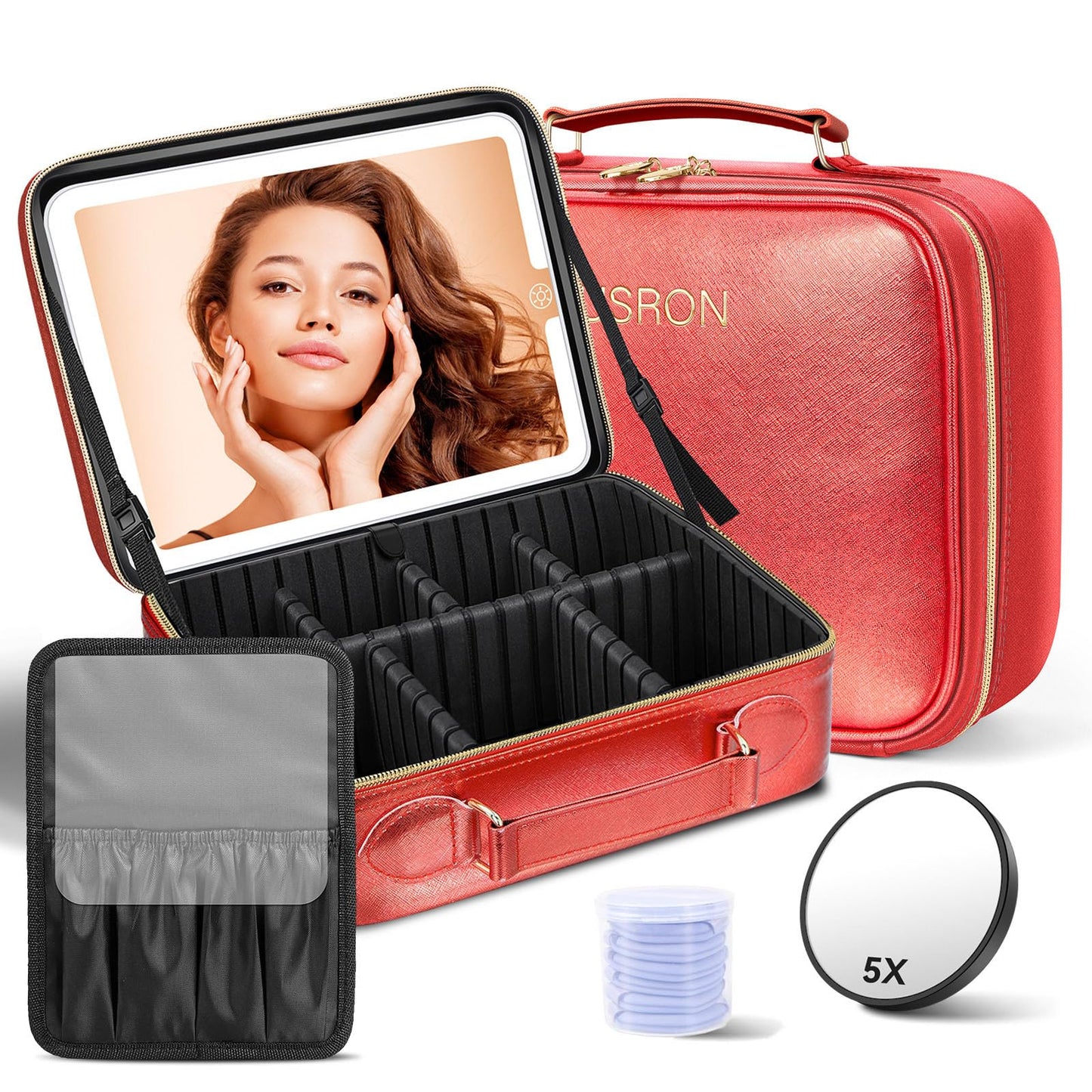 JUSRON Travel Makeup Bag With LED Mirror, Cosmetic Train Case with Light up Mirror, Portable Makeup Artist Organizer Bag with Adjustable Dividers, Makeup Brush Holder Storage (Red, Large)