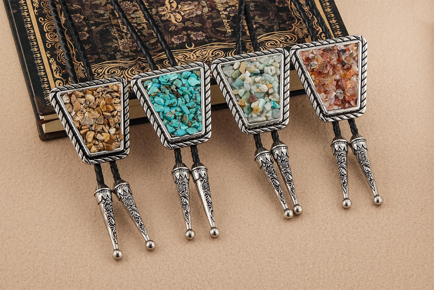 YOQUCOL Native American Khaki Color Crushed Stone Bolo Tie Hand-woven Leather Bola Ties Necklace for Men Women