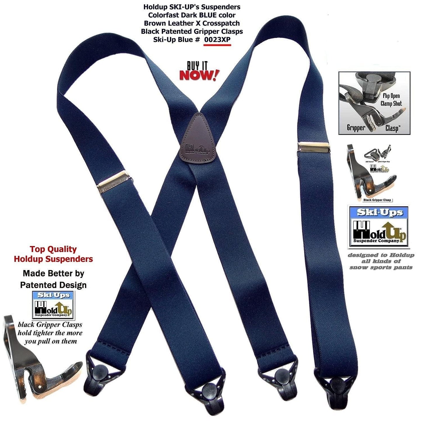 Holdup Ski-Ups Blue 1 1/2" Suspenders for Men with USA Patented Black Composite Plastic Gripper Clasps