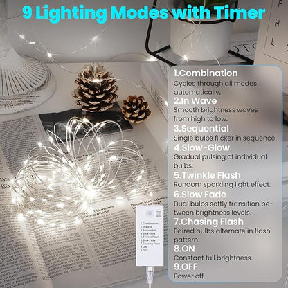 Mlambert LED Fairy Lights Battery Operated with Timer, Rechargeable Mini Twinkle Lights for Christmas Decor Holiday Party, 32.8FT(16.4x2), Cool White