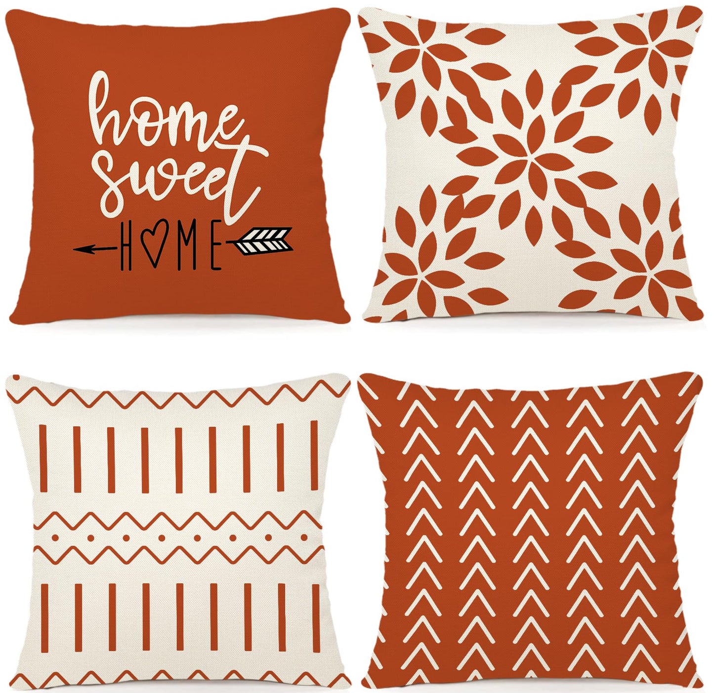 YCOLL Burnt Orange Linen Pillow Covers 18x18 Set of 4, Home Sweet Home Farmhouse Throw Pillow Covers, Holiday Decorative Cushion Covers for Sofa Couch Bed, Autumn Burnt Orangeic Fall Decor