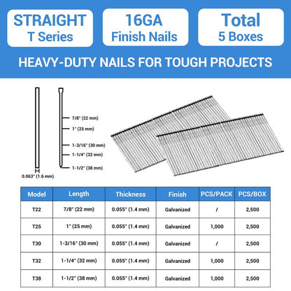 meite 16 Gauge Finish Nails 7/8 Inch Galvanized 16GA Straight Finishing Nails for Finish Nailer for Window Casing Baseboard Crown Molding, 5 Boxes/12,500PCS