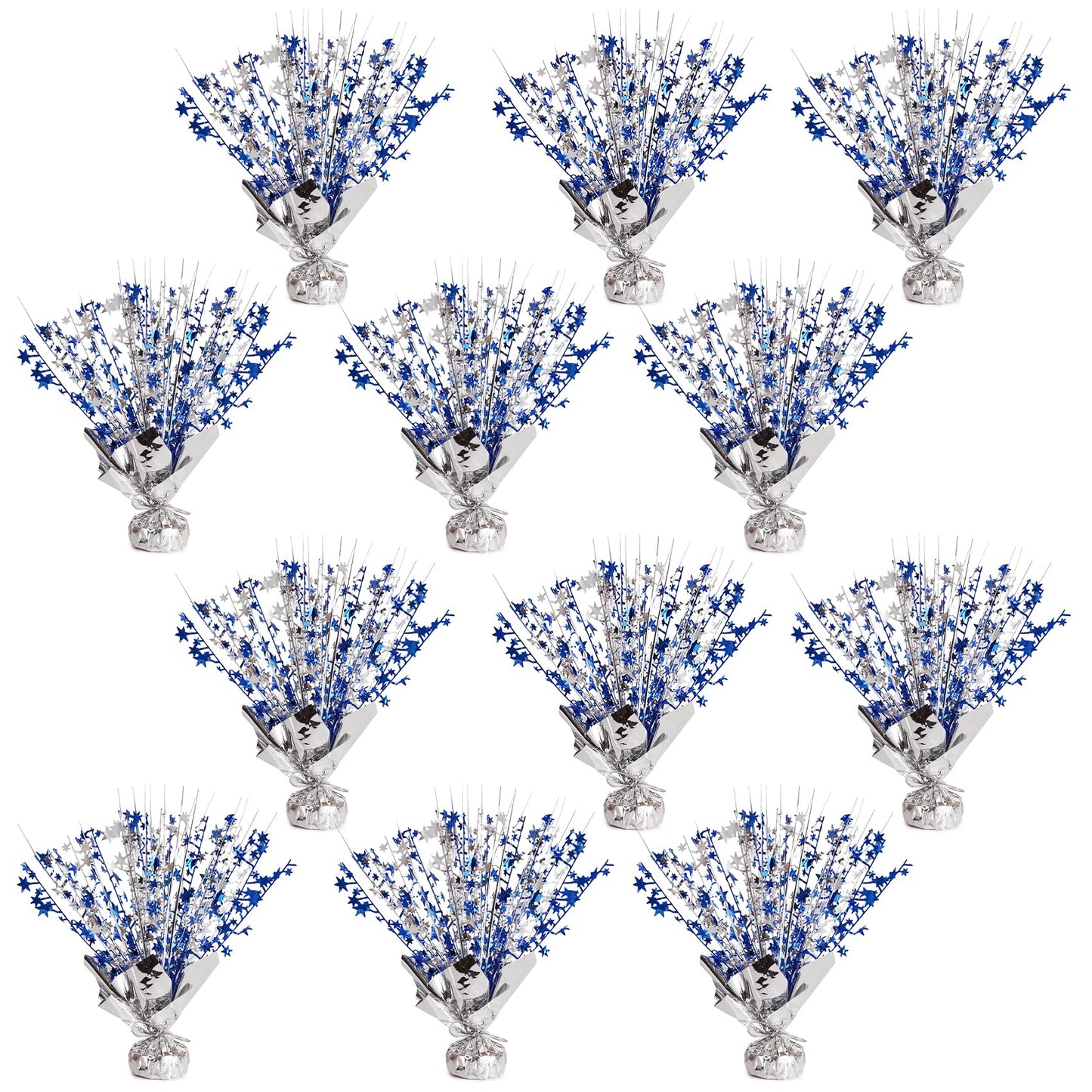 Metallic Foil Spray Centerpieces 12 Pack Star Table Decorations with Weighted Base, Metallic Starburst Table Centerpiece for Graduation 2026, Birthday, Party Decorations (Silver Navy Blue)