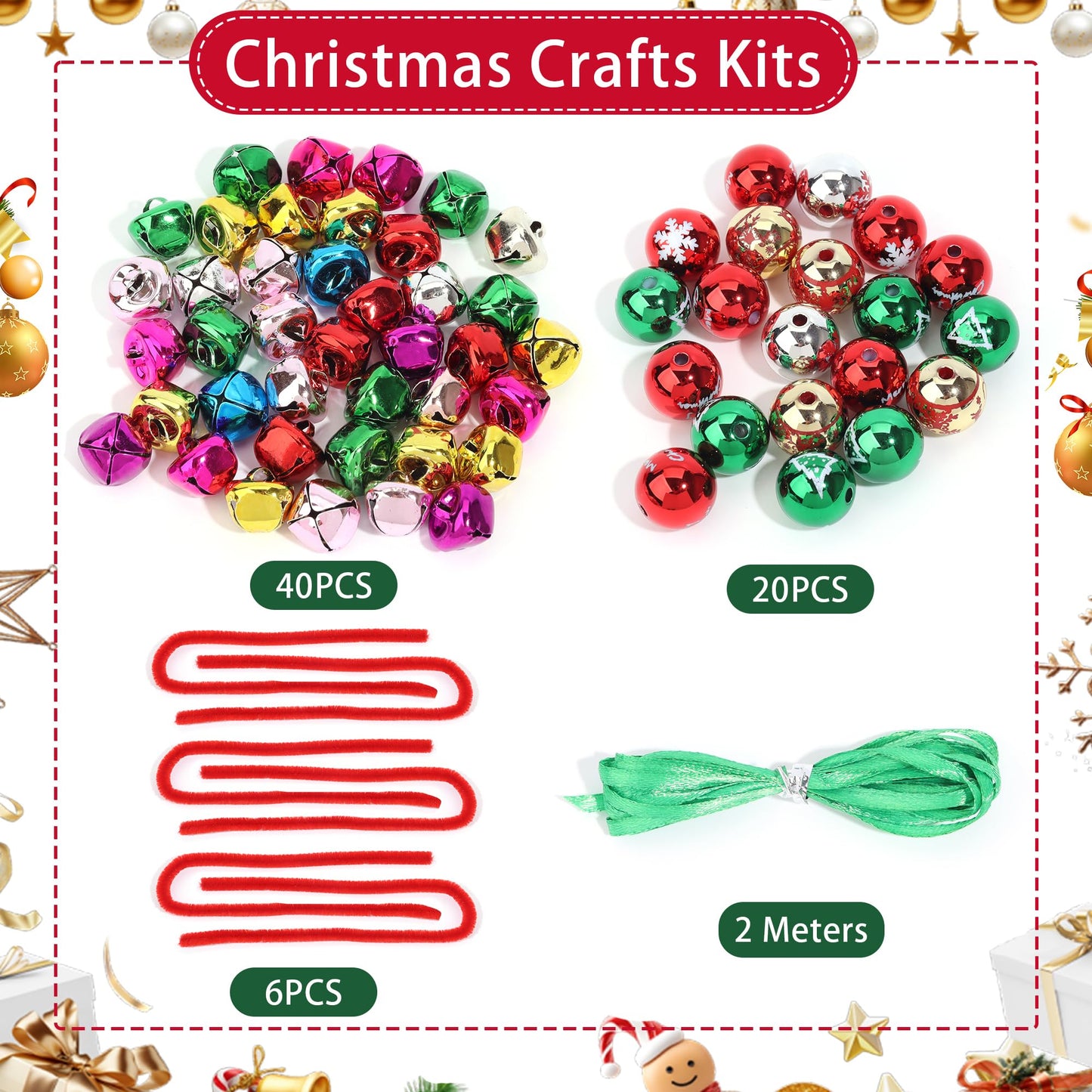 Christmas Crafts, Christmas Beads and Jingle Bells Set, DIY X-mas Ornament Kit Including 20 pcs Mixed X-mas Beads and 40 pcs Bells, DIY Ornaments for Kids, Holiday Party Christmas Tree Decoration