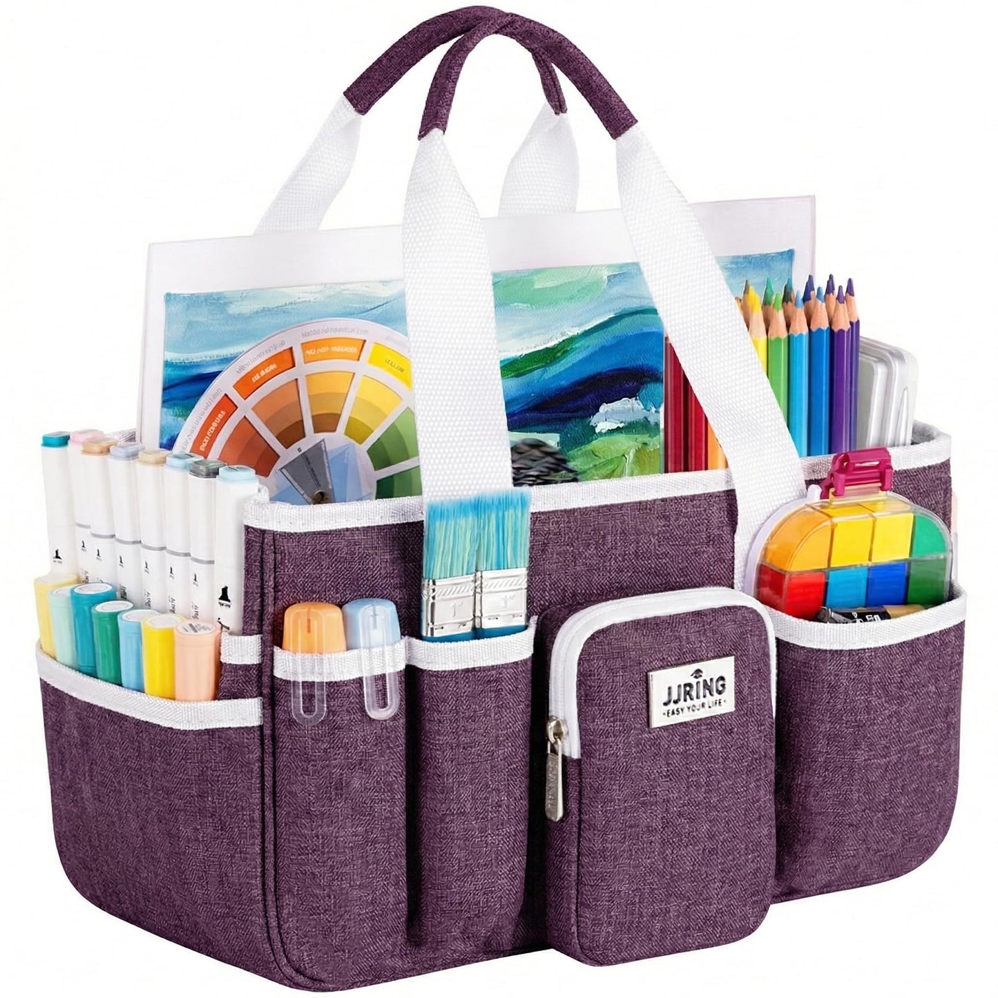 Jjring Craft Organizer Tote Bag, Portable Art Caddy with Adjustable Divider&Secure Zipper Pocket, Large Foldable Storage Tote for Scrapbooking, Sewing, Artist and Home(Deep Purple)