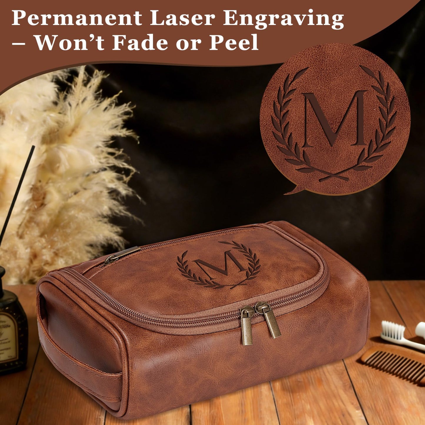 Aganmi Personalized Gifts Travel Toiletry Bag for Men Him, Laser-Engraved Initial Waterproof PU Leather Shaving Bag Fathers Day Birthday Gift for Men Dad Husband Boyfriend Son Reddish Brown M