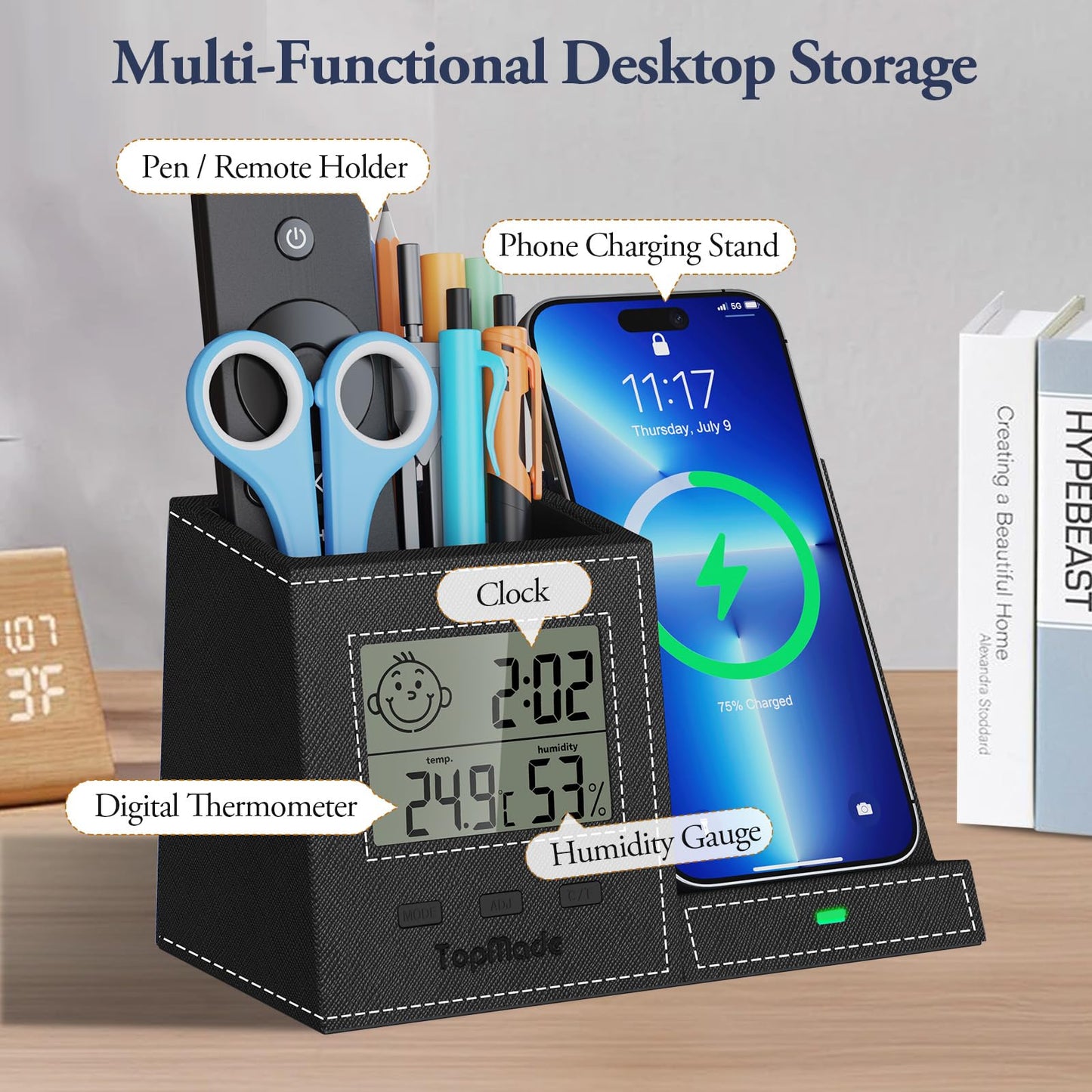 TopMade Wireless Charger with Pen Holder, Leather Desk Nightstand Organizer Home Office Supplies Pencil Holder Fast Charging Station, Digital Thermometer and Humidity Gauge Gifts for Men(Black)