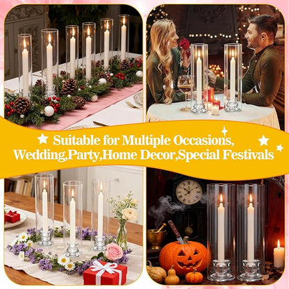 6 Set Hurricane Glass Candlestick Holders 12.6" Two Side Open Glass Candle Holders and 2.2" Taper Candlesticks Holder Bulk for Table Centerpiece Wedding Christmas Home Decor