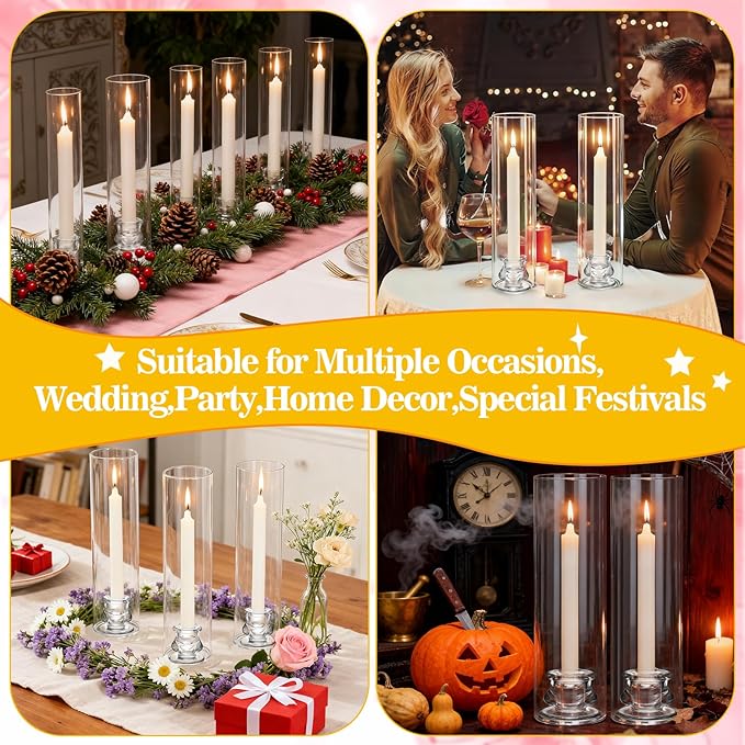 3 Set Hurricane Glass Candlestick Holders 12.6" Two Side Open Glass Candle Holders and 2.2" Taper Candlesticks Holder Bulk for Table Centerpiece Wedding Christmas Home Decor