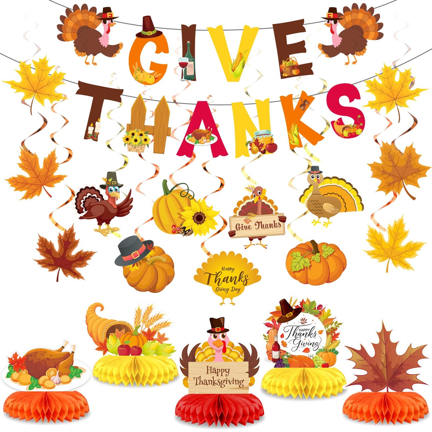 Blosssound 29 Pcs Thanksgiving Party Decorations - Turkey Pumpkin Maple Leaf Honeycomb Centerpieces, Give Thanks Hanging Swirls Banners for Fall Birthday Party Supplies