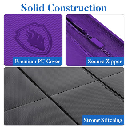 Premium Zip Card Binder, Fabmaker 9 Pocket Trading Card Binder, PU Cover Zipper Card Collection Album, Sturdy 360 Side-Loading Card Folder Holder for Game & Sports Cards, Purple