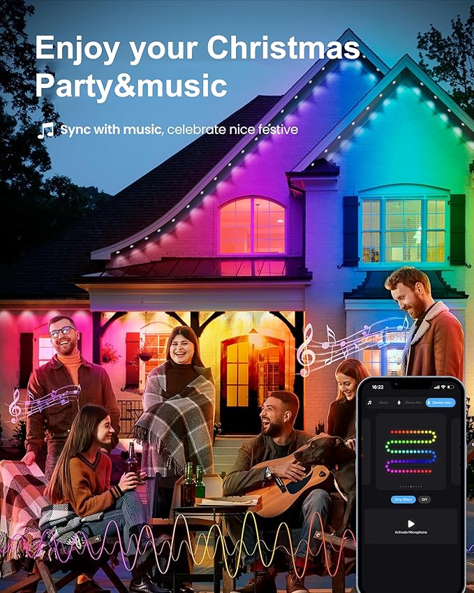 Permanent Outdoor String Lights, 50ft RGBW+IC Smart LED Eaves Lights Waterproof IP67, App & Remote Control, Multi-Colored DIY Scene Lighting for Halloween Christmas House Year-Round Decor