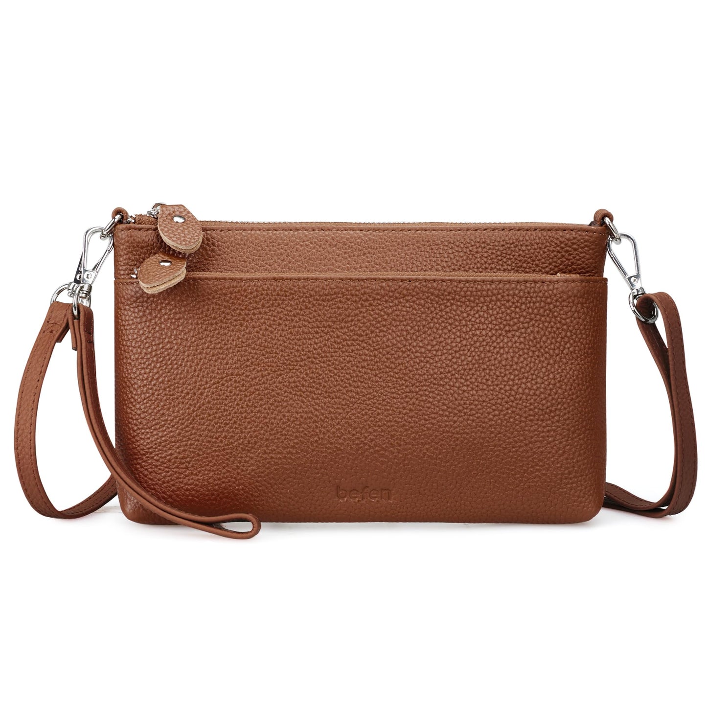 befen Leather Wristlet Wallets for Women, RFID Blocking Small Crossbody Bags, Women Leather Purses Handbags Shoulder Bag Clutch Purse with Adjustable Shoulder Strap and Wrist Strap, Deep Brown