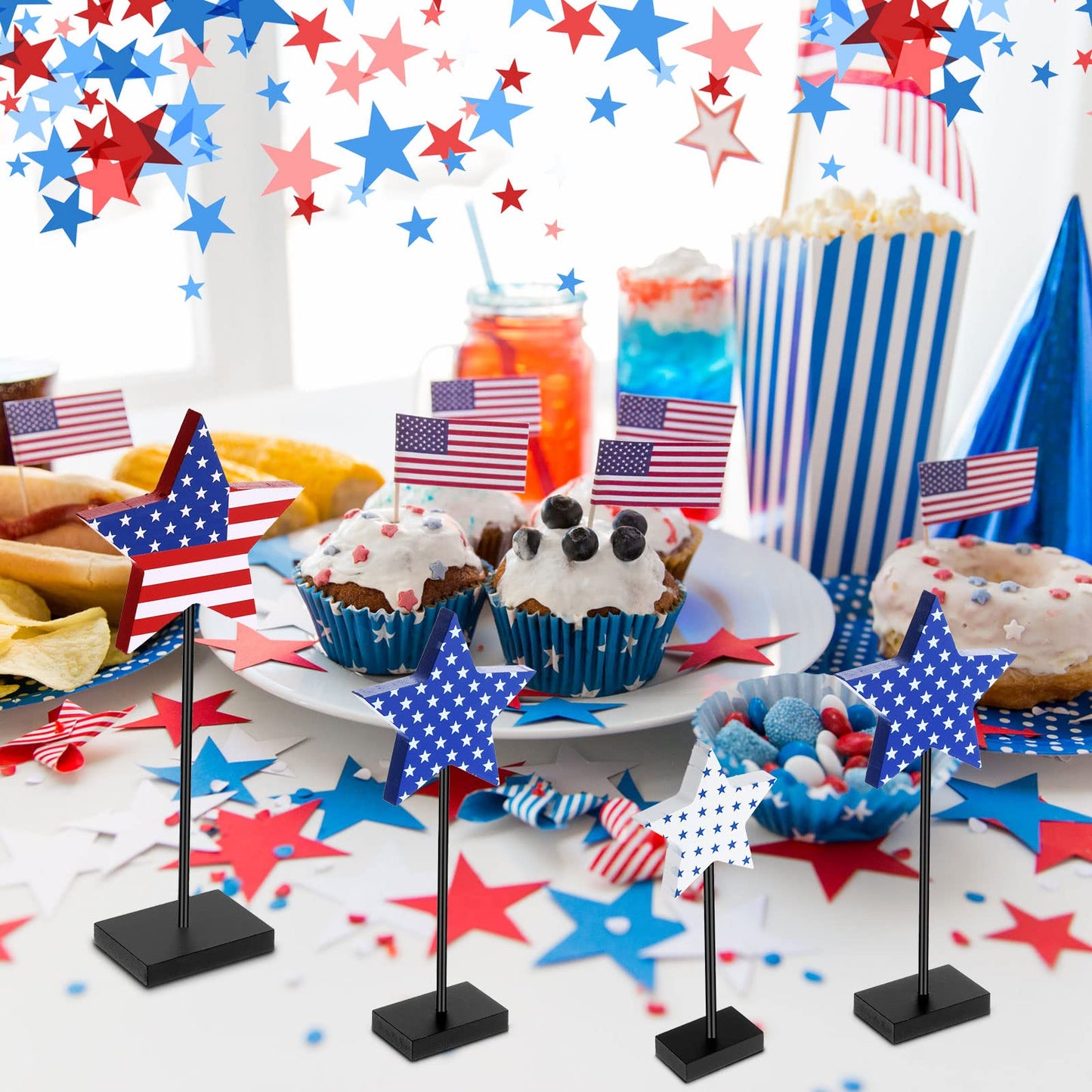 Geelin 6 Pcs Independence Day Standing Star Block Set Wooden Star Table Decoration Signs Memorial Day 4th of July Wood Patriotic Decor for American Festival Celebration Home Party Decor (Stripe Style)