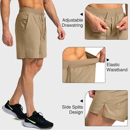 Soothfeel Men's Running Shorts with Zipper Pockets 7 Inch Lightweight Quick Dry Gym Athletic Workout Shorts for Men (Dark Khaki, S)