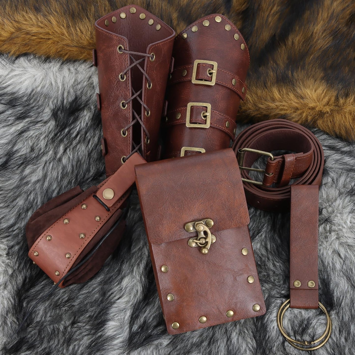 Renaissance Belt Pouch Set with Fanny Pack, Coin Purse, Viking Bracer Hook & Skirt Hike Loop for Faire & Cosplay Belt