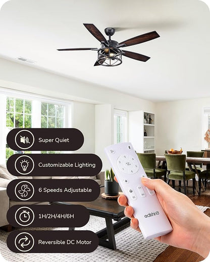 EDISHINE 52 Inch Farmhouse Ceiling Fans with Lights, Remote Control, 5 Wooden Blades, Dimmable, Timer, 6 Speeds Reversible DC Motor, Rustic Lighting & Ceiling Fan for Bedroom Living Room, UL Listed