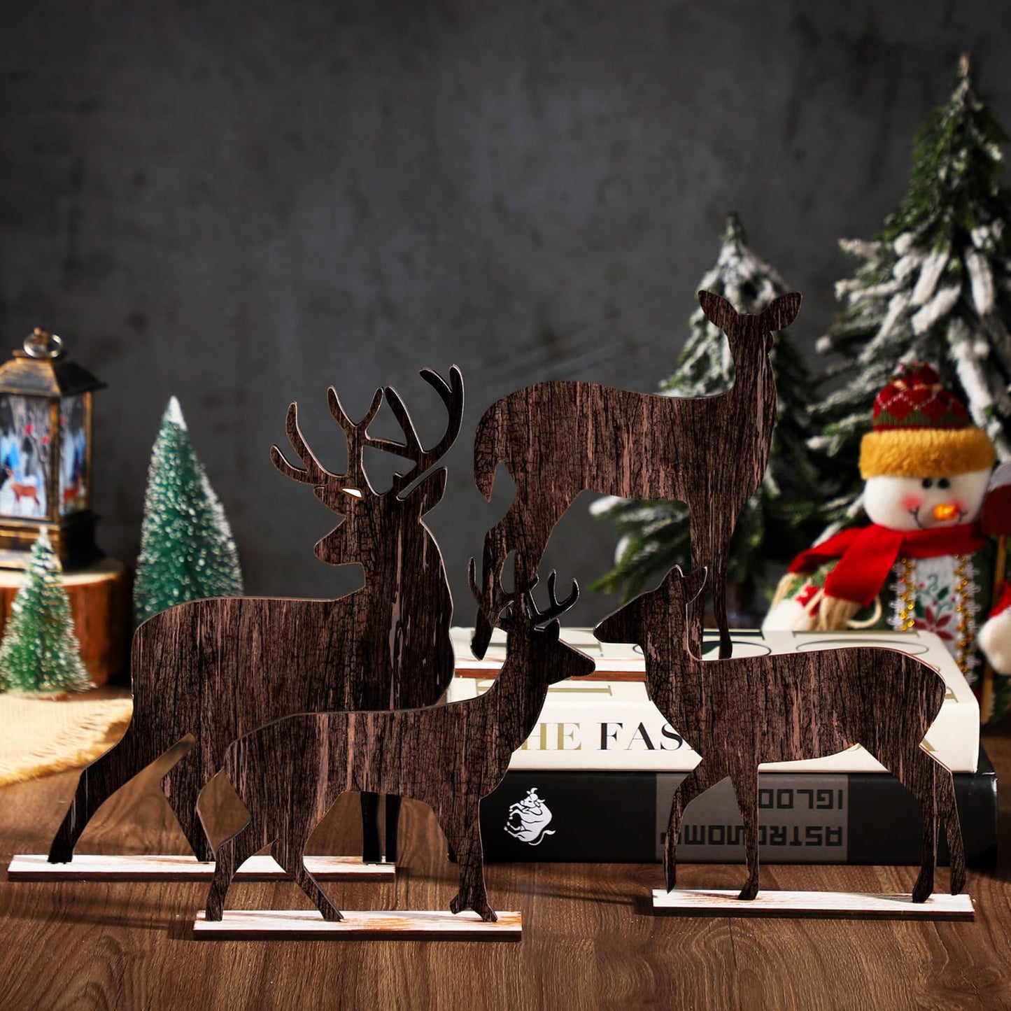 Barydat 4 Pcs Summer Christmas Table Decorations Wooden Christmas in July Pine Tree Reindeer Table Centerpiece Xmas Tabletop Sign Rustic Farmhouse Decor for Home Office Party Supplies Gifts (Reindeer)