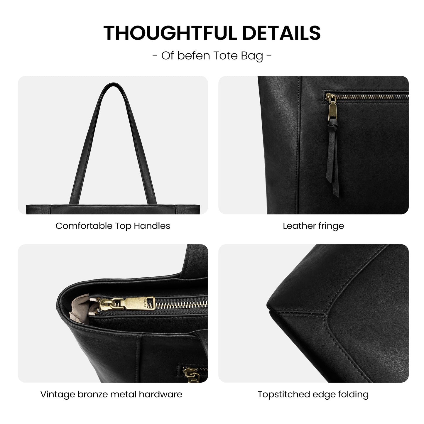 befen Genuine Leather Tote Bag for Women Work, Large Tote Bag with Zipper Real Leather Purse with 15.6" Compartment Womens Designer Shoulder And Handbags For Travel Everyday, Black