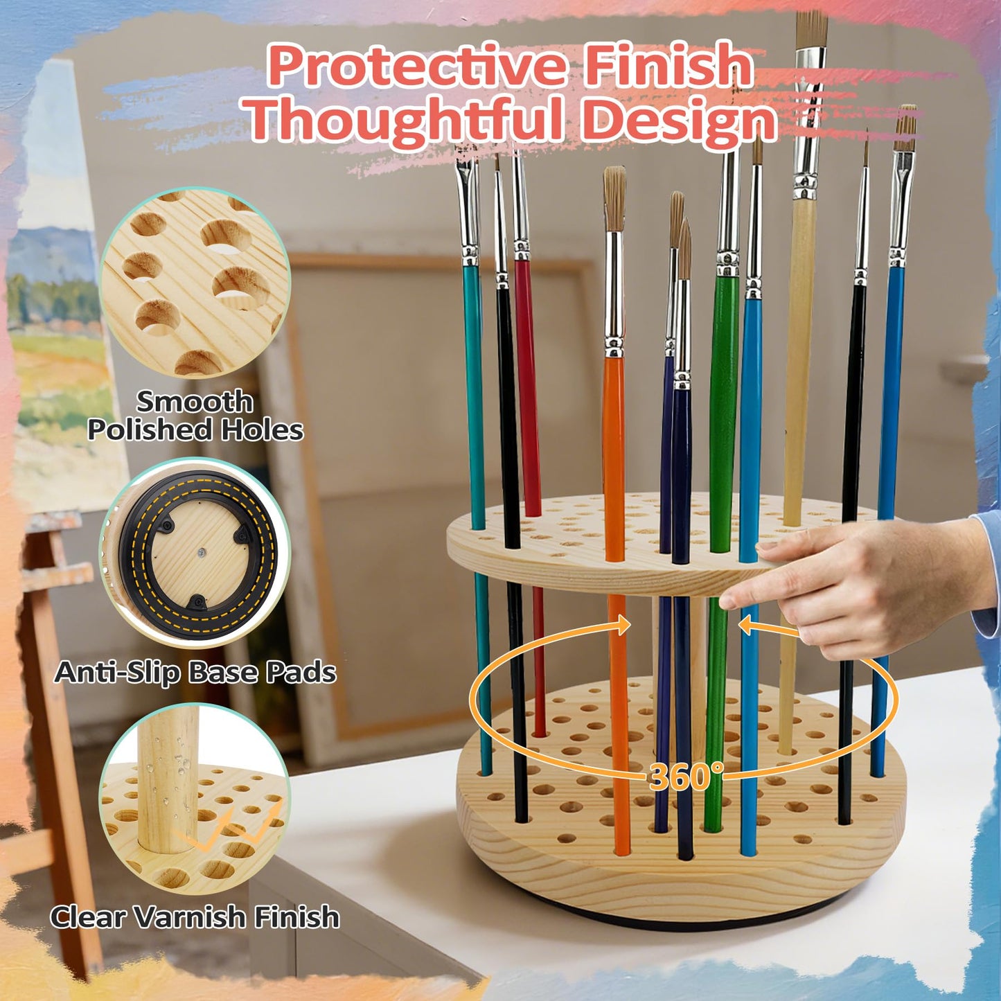 BREENHILL 71-Hole Rotating Paint Brush Holder, Large Capacity Wooden Paint Brush Organizer, 360° Spinning Brush Storage Rack for Watercolor, Acrylic, Calligraphy
