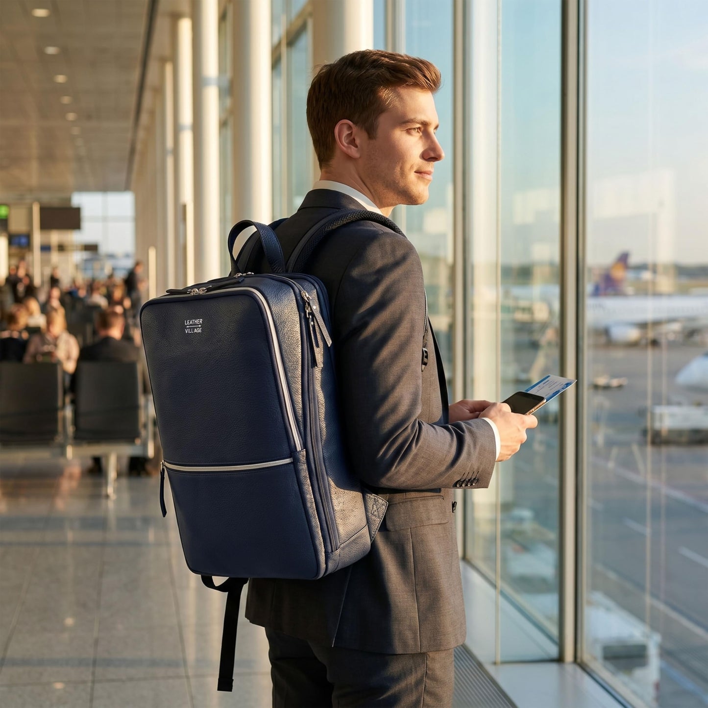 LEATHER VILLAGE Leather Laptop Backpack for Men | Blue | Slim Professional Business Bag Fits 15.6”-Laptop | Water-Repellent Work & Travel Daypack with Trolley Strap