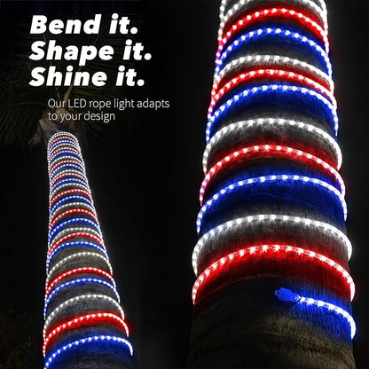 WYZworks 576LEDs 50ft LED USA Patriotic American Red White Blue Outside Rope Lights, Outdoor ETL Certified Waterproof Permanent 360 Degree Light, Flexible Tube, Connectable, Palm Tree Exterior