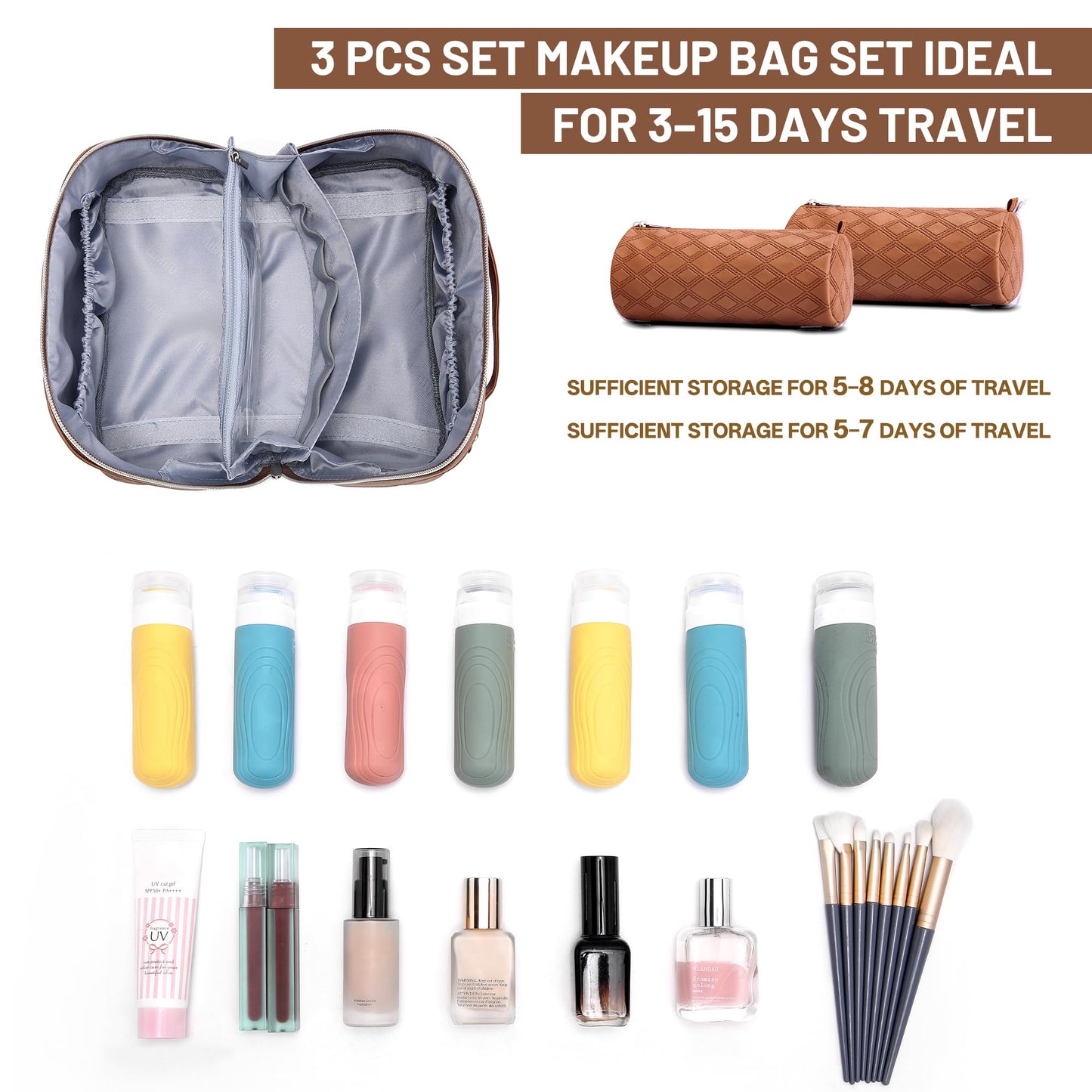 BOYATU Travel Makeup Bag for Women: Large Capacity 3-Piece Quilted Cosmetic & Toiletry Organizer - 2 Detachable Pouches Expand Storage by 50%, Open Flat for Easy Packing, Waterproof PU Leather(Brown)