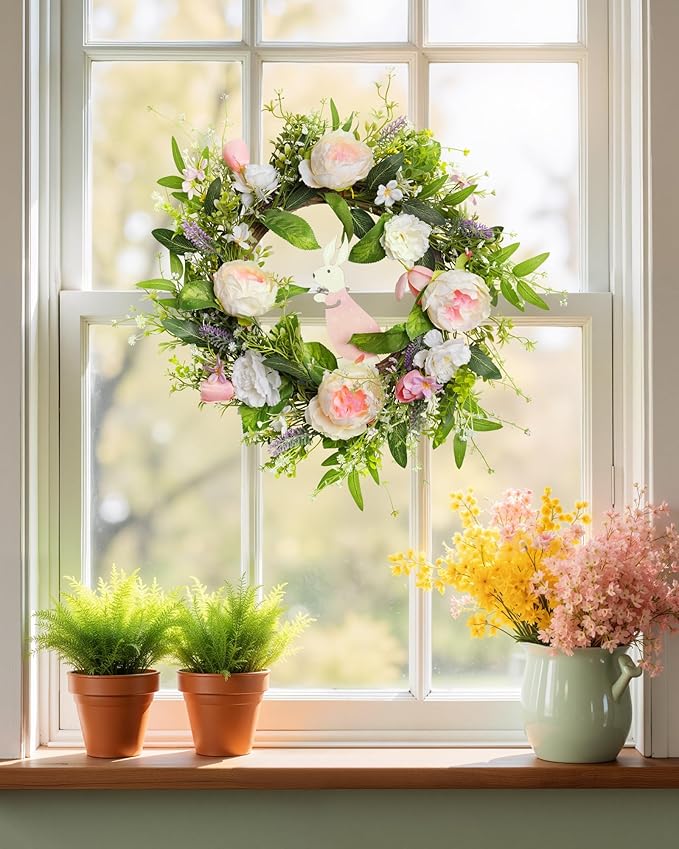Spring Door Wreath for Front Door with Hook 20-22”, Artificial Spring Door Wreath with White & Pink Peony Lavender Rabbit Wood Sign, Summer Wreaths for Windows Wall Romantic Home Déco