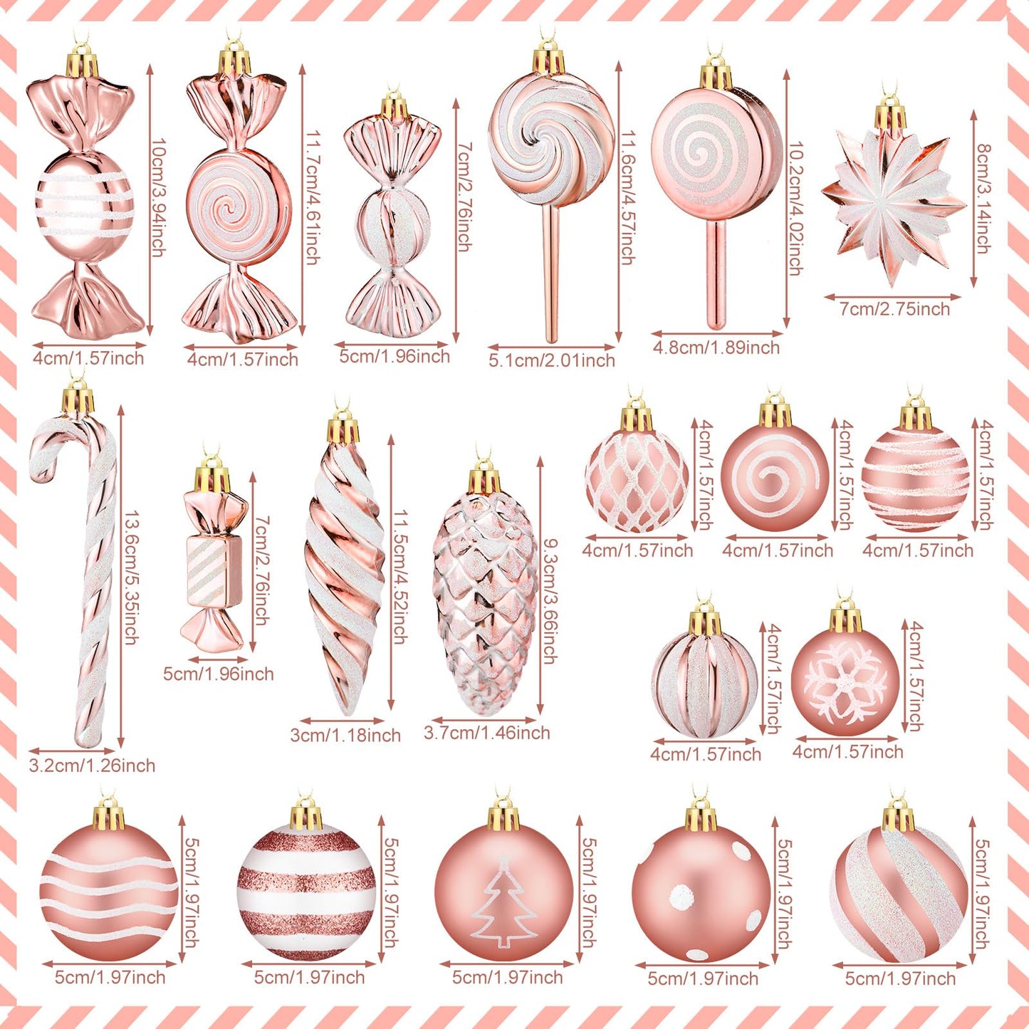 Knitgrip 50 Pcs Christmas Candy Cane Lollipop Ornaments Christmas Peppermint Candy Tree Balls Decorations with Rope Plastic Xmas Hanging Ornaments for Party Decor(Pink)