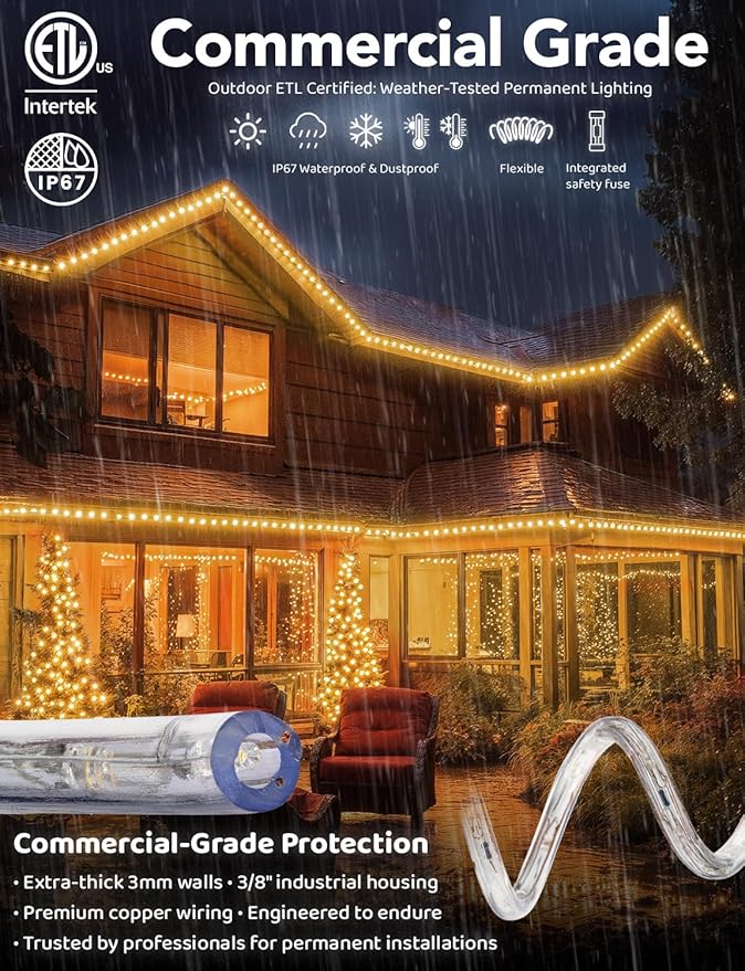 WYZworks 20ft 216 LED Rope Light, Connectable Waterproof Permanent Outdoor Clear PVC Tube, ETL Certified, Christmas Trees Holiday Decorative Landscape Backyard Patio Accent Decor Lighting - Warm White