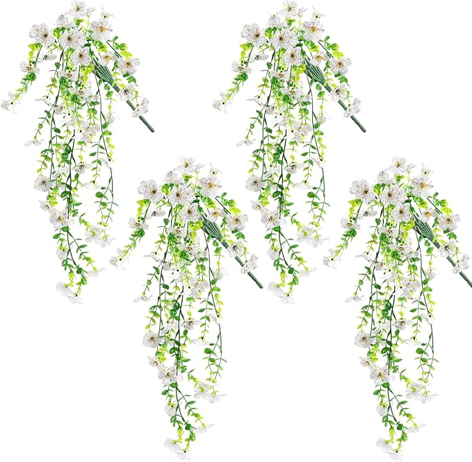 Artificial Fake Hanging Flowers Plants for Outdoor Spring Summer Decoration, 4pcs Faux Silk Realistic UV Sun Resistant Daisy for Outside Porch Patio Window Box Yard Home Decor (White)
