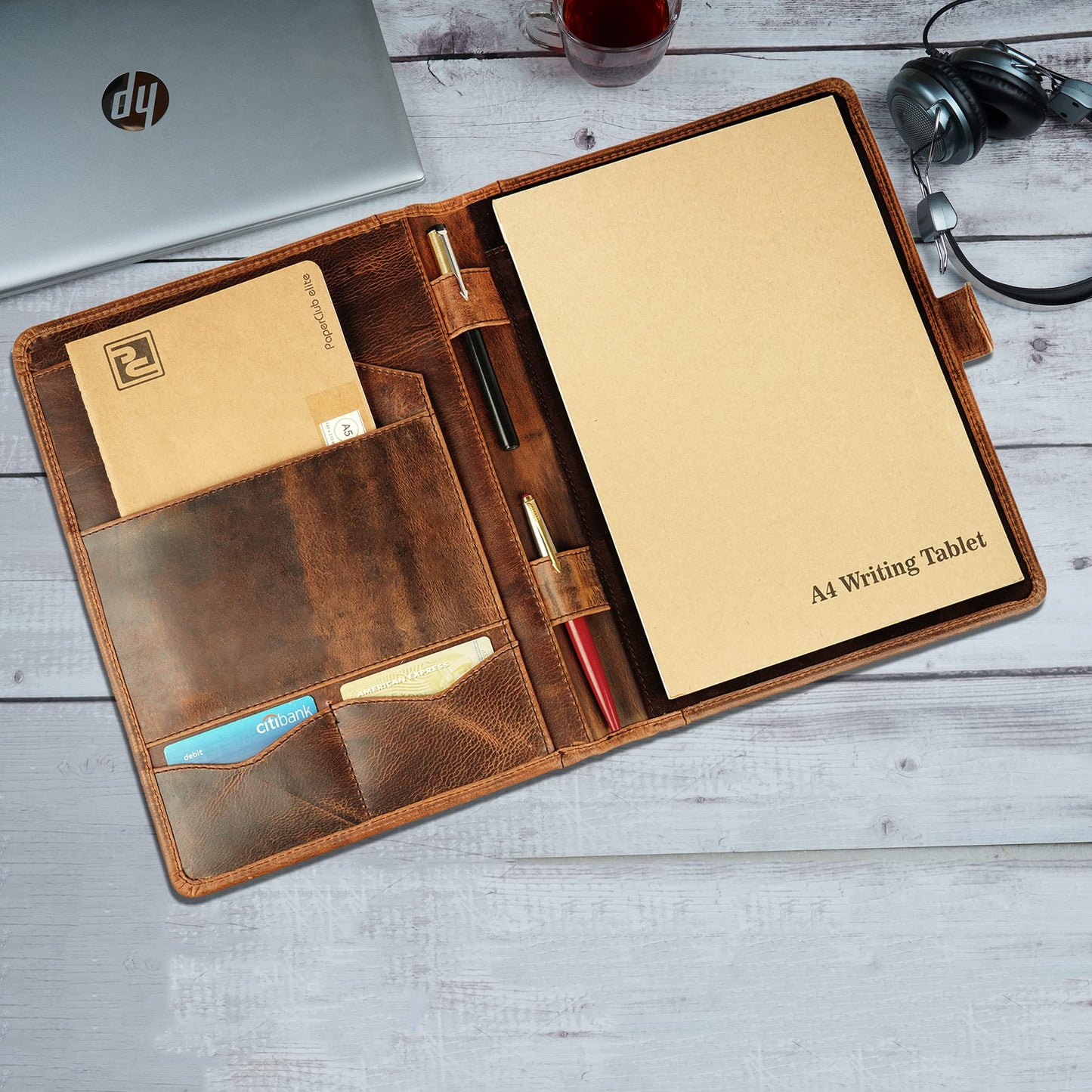 CestAntiQ, Leather Padfolio Legal Pad Portfolio Organizer | Handmade Executive Notebook Binder | Heavy Duty Full Grain Cow Hide Resume Interview Folio for Men Women, Rustic NoteBook Folder (brown)