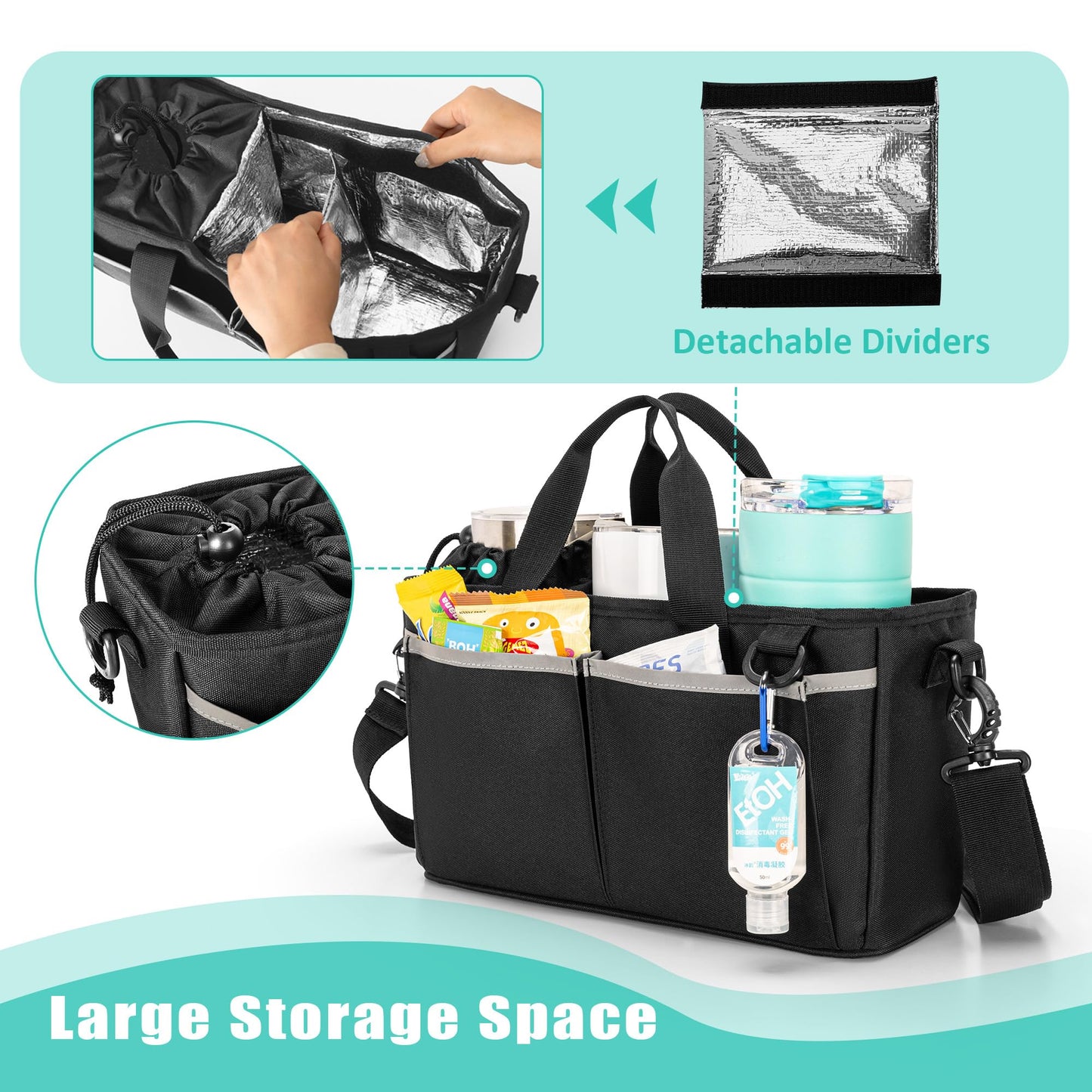 Trunab Water Bottle Carrier with Drawstring Buckle, 32/40 oz Cup Holder Bag with Detachable Divider, 3 Cup Carrier with Adjustable Shoulder Strap