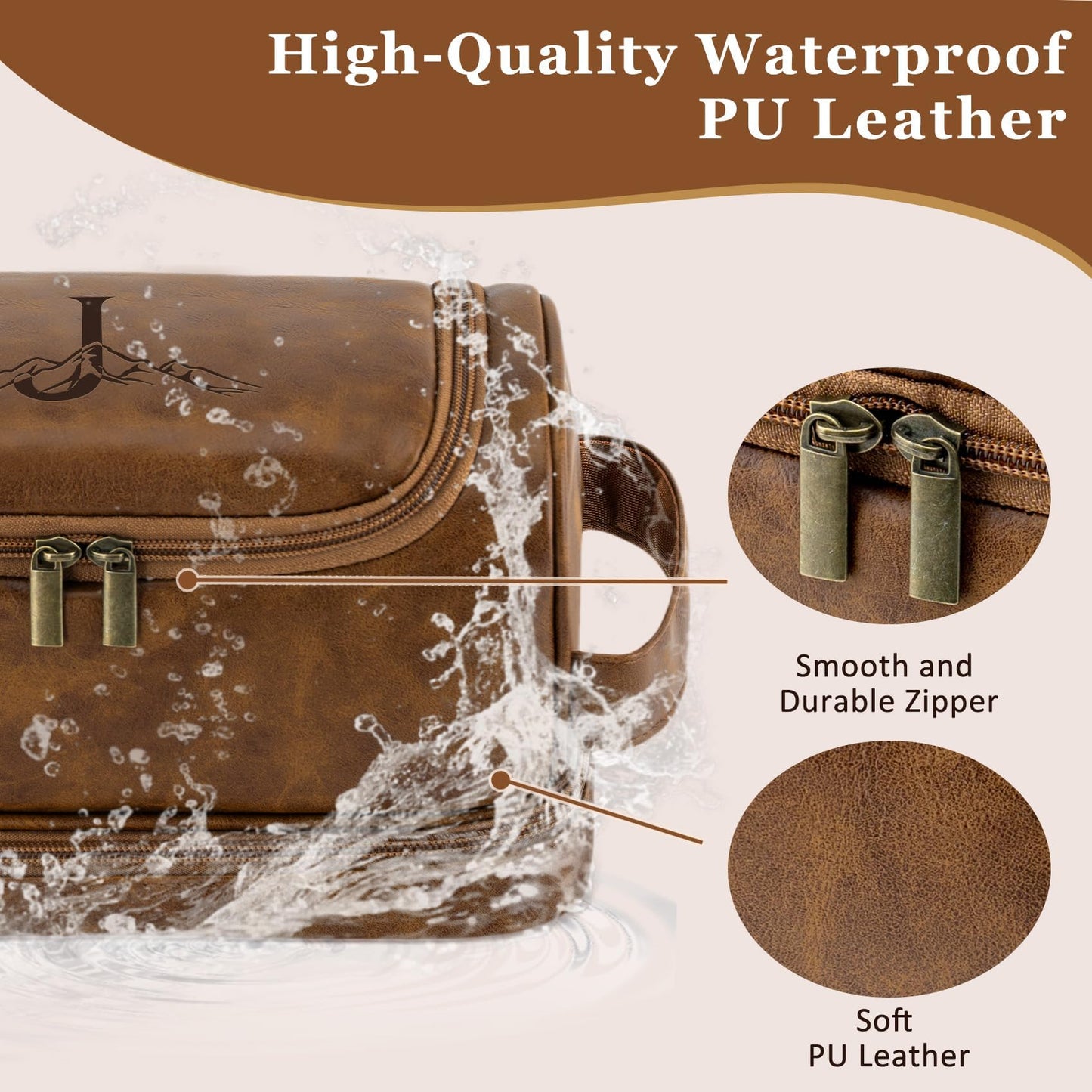 Aganmi Personalized Toiletry Bag Fathers Day Birthday Gifts for Men Dad Husband, Custom Initial Waterproof PU Leather Toiletry Organizer Dopp Kit Shaving Bag Travel Essential for Him Light Brown J