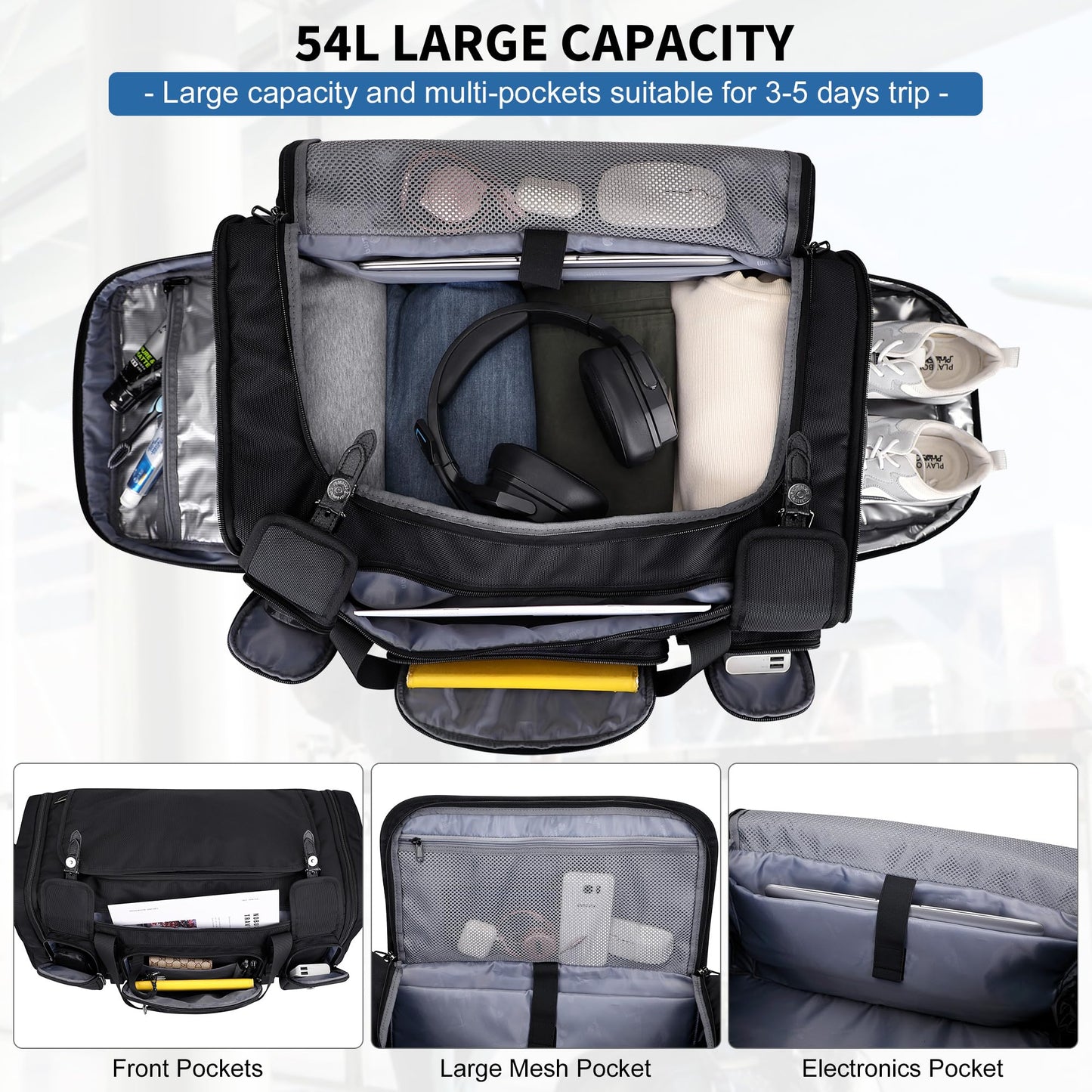 WITZMAN Duffle Bag for Men Large Carry On Weekender Bag 54L Nylon Duffle Gym Bags for Travel with Shoes Compartment(B717 Black)