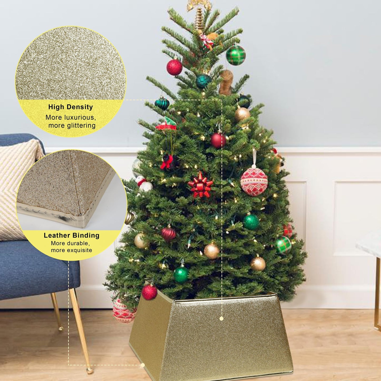 Blissun Fabric Christmas Tree Collar, Square Christmas Tree Ring, Glittering Willow Christmas Tree Skirt for Christmas Tree Decorations (Glitter Gold)