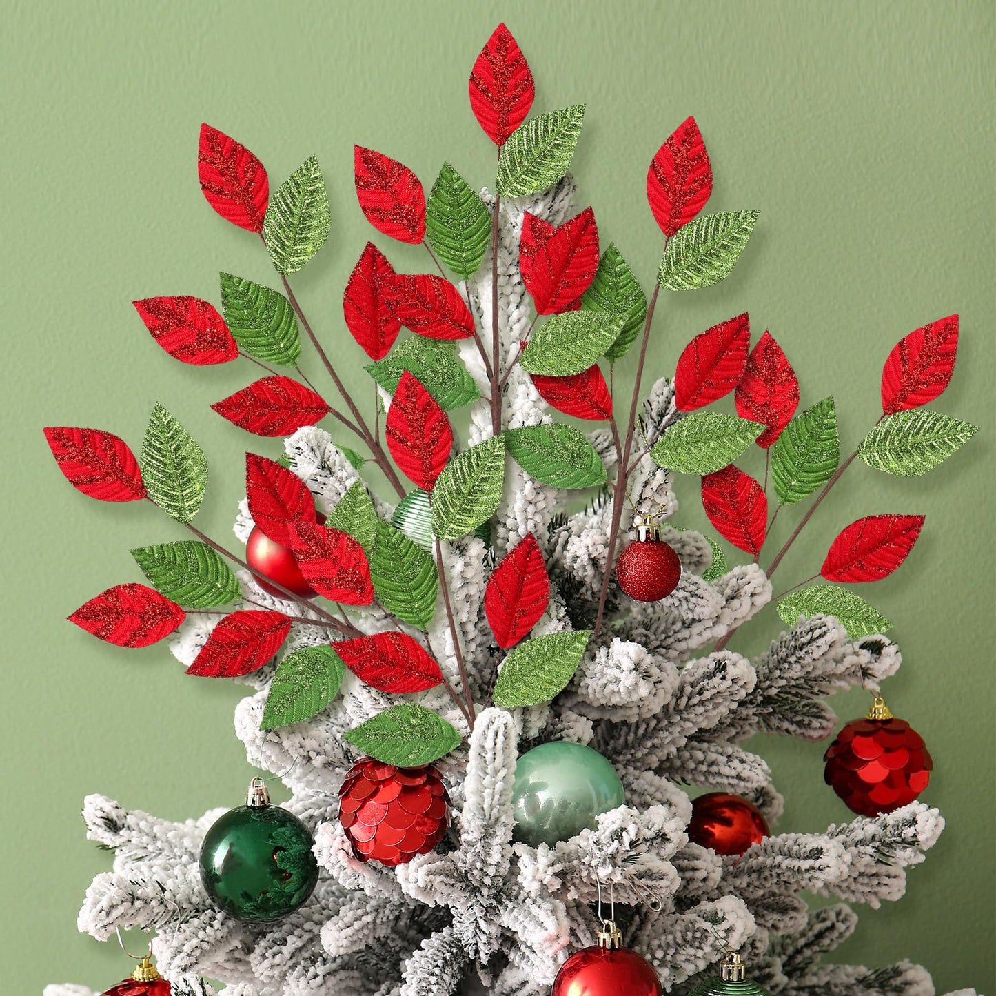 Chuangdi 6 Pcs Glitter Red Green Floral Picks Sprays Artificial Christmas Pick and Spray 14" Xmas Tree Topper Spray Christmas Leaf Stem for DIY Wreath Centerpieces Swag Garland Xmas Tree Decoration