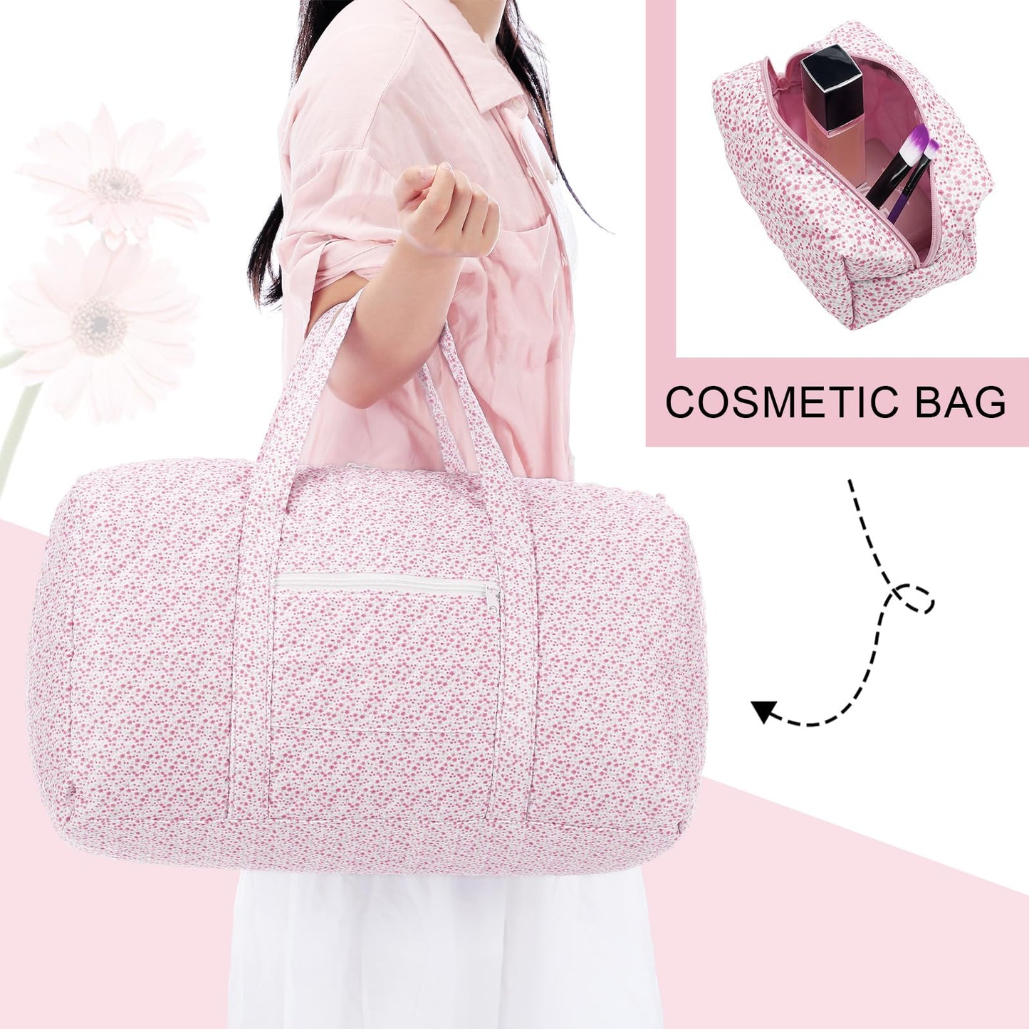 Bulyoou 2 Pack Floral Travel Duffel Bag Large Quilted Travel Duffle Bag and Floral Makeup Pouch Portable Gym Lightweight Weekender Organizer with Zipper Pockets Grocery Pouch for Women(Pink)