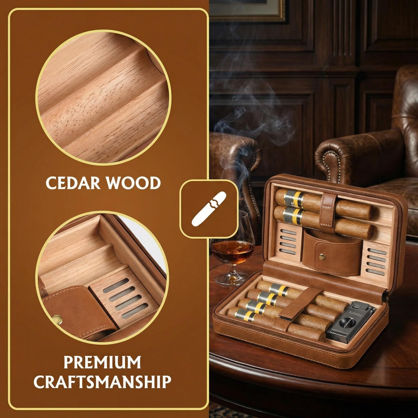 BZWBZ Travel Cigar Case Set,Torch Lighter with Cigar V Cutter, Hole Punch, Spanish Cedar Wood Humidor,Brown Leather