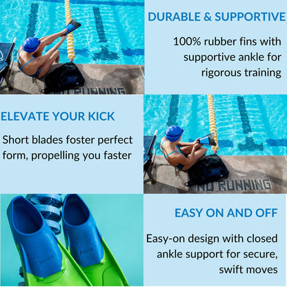 Sporti Adult-Kids Short Swim Fins, Floating Fin for Swimming & Snorkeling, Swim Flippers for Training - Blue/Blue - M 13-14 / W 14-15