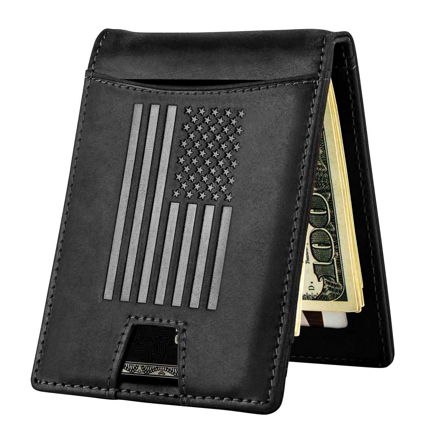 Military Veteran Products - Black Crazy Horse Leather Bi-Fold Card Holder with Money Clip Black American Flag Wallet