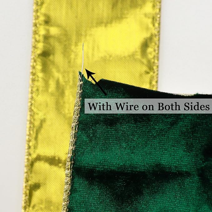 MEEDEE Crushed Green Velvet Ribbon with Gold Back 2.5 inch Double Sided Christmas Wired Ribbon 10 Yards for Christmas Tree Decoration, Baskets, Wreaths, Holiday Projects, Wedding Decor and Accents