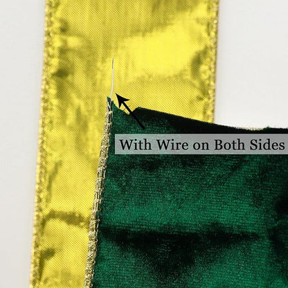MEEDEE Crushed Green Velvet Ribbon with Gold Back 2.5 inch Double Sided Christmas Wired Ribbon 10 Yards for Christmas Tree Decoration, Baskets, Wreaths, Holiday Projects, Wedding Decor and Accents