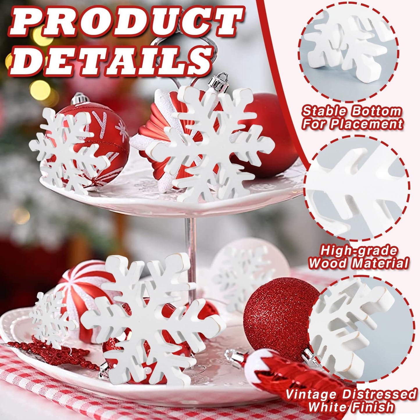 5Pcs Snowflake Christmas Table Decorations, White Distressed Wooden Snowflakes Tabletop Christmas Centerpieces Winter Farmhouse Tiered Tray Decor for Xmas Holiday Party Supplies Home Mantel Decor