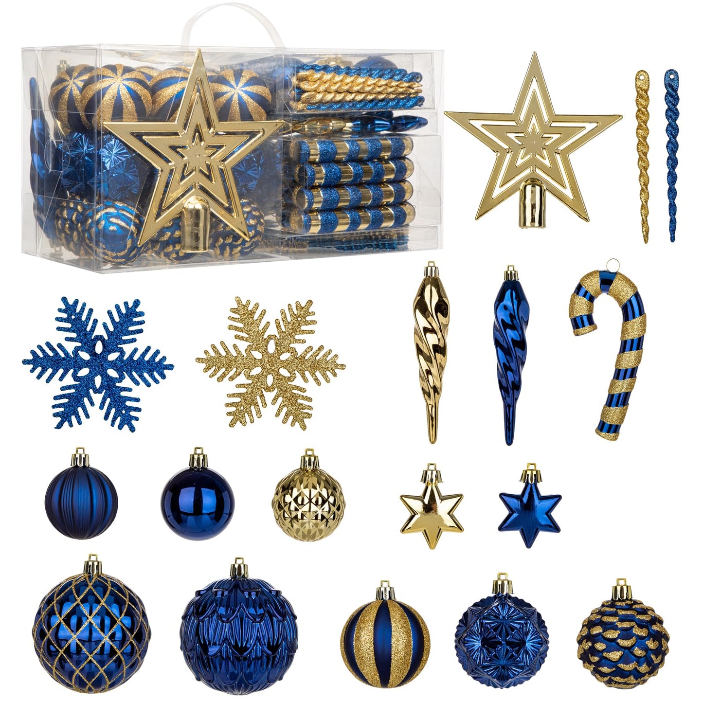 Briful 80ct Blue & Gold Christmas Balls Ornament Set, Plastic Shatterproof Christmas Ornament Balls with Tree Topper Candy Canes Snowflakes for Xmas Tree Wreath Garland Decor