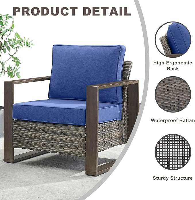 Rilyson Wicker Outdoor Patio Chairs Set of 2, Rattan Patio Furniture Chairs with Sturdy Frame,All-Weather PE Wicker,Wide Armrest,Deep Seating and Thick Cushions for Deck Porch Garden(Mixed Grey/Blue)